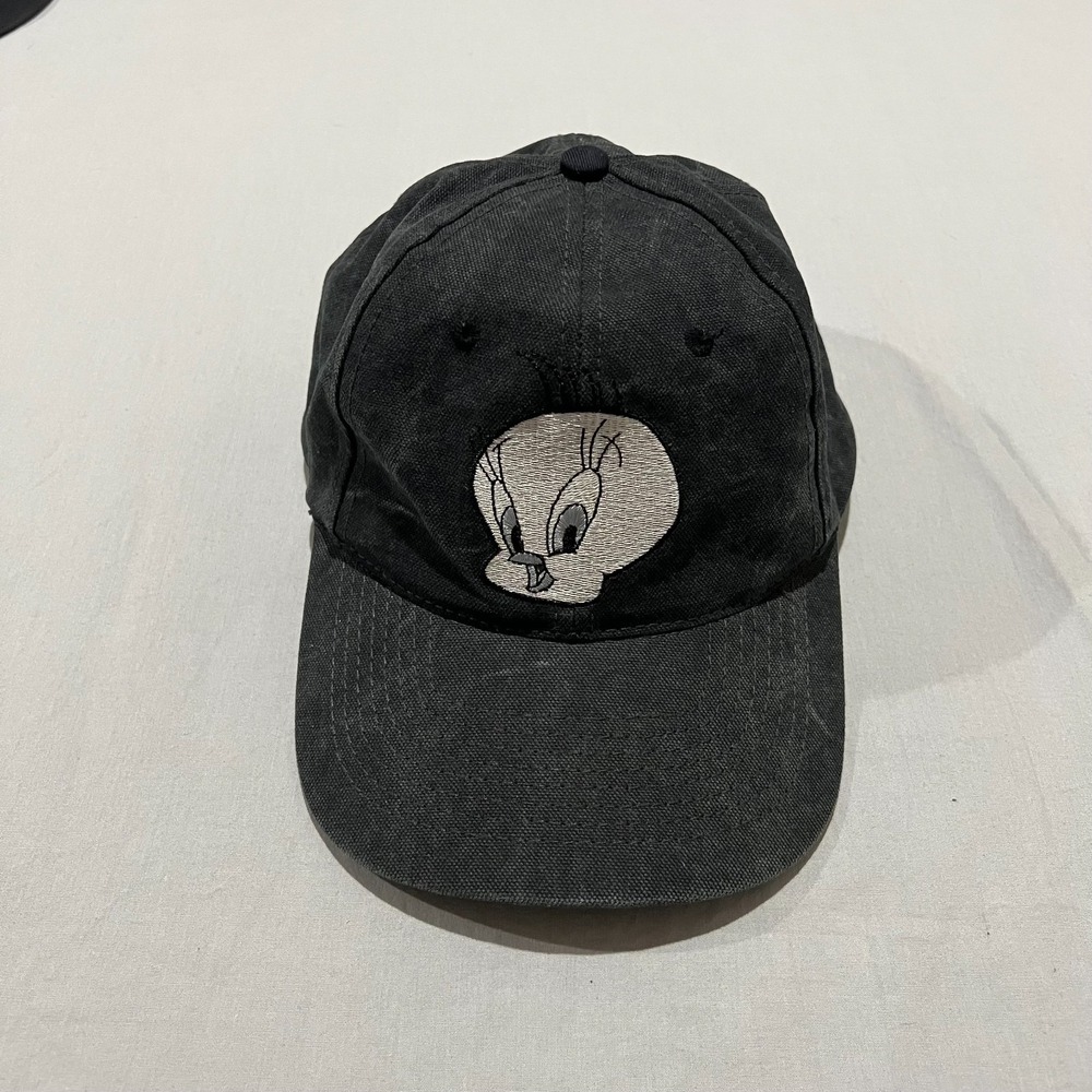 VTG 90s Mens Black Canvas Looney Tunes Tweety Bird Snapback Hat Cap OS Faded